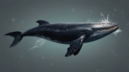 Fototapeta premium Majestic whale in the ocean. A powerful, dark whale gracefully swims, water splashing around it. The whale is in profile view, highlighted against a muted backdrop