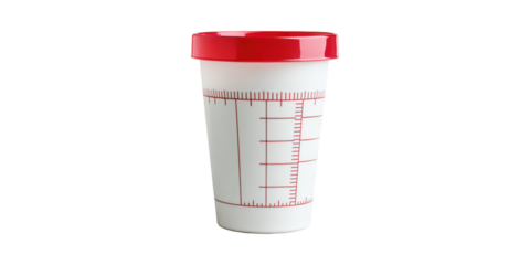 Plastic Measuring Cup With Red Lid And Scale Markings. Essential For Accurate Liquid Measurements In Cooking And Baking Isolated On Transparent Background