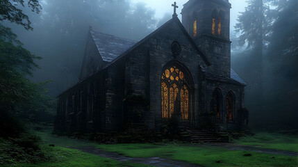 A stone church, dimly lit, stands shrouded in morning mist within a dark forest.  Its windows glow warmly