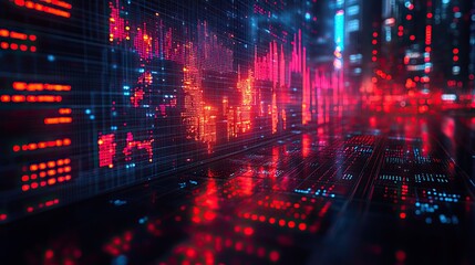 Fototapeta premium Red and blue lines on black show crypto volatility and risks.