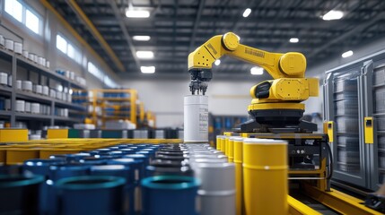 Fototapeta premium Automated Industrial Facility: Robotic Arm Handling Cylinders