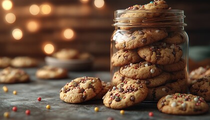 Delicious chocolate chip cookies in a jar, sprinkled with colorful candies. Perfect for blogs, websites, or food packaging related to sweet treats and desserts.