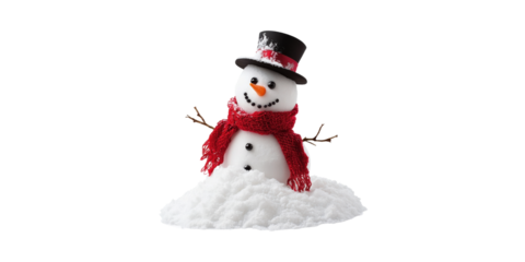 Snowman With Red Scarf And Top Hat Snowy Ground. Festive Winter Holiday Decoration Isolated On Transparent Background