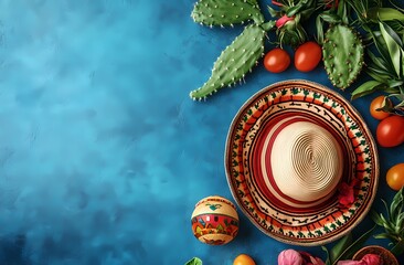 Colorful Mexican sombrero surrounded by vibrant fruits and cacti on a textured blue background