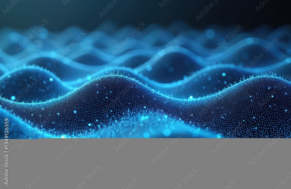Poster Abstract 3D wave design with connected dots, glowing particles. Tech background with digital lines, futuristic design for data science, AI, innovations, business, cyberspace.