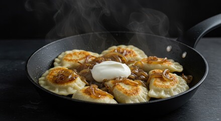 Serving of Steaming Pierogi with Caramelized Onions and Sour Cream