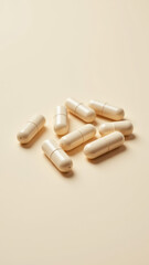 Magnesium Glycinate capsules on a light brown background.