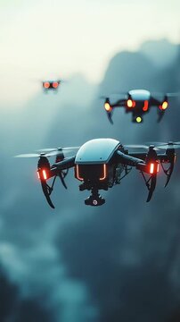 A swarm of small AI-powered drones flying in perfect synchronization