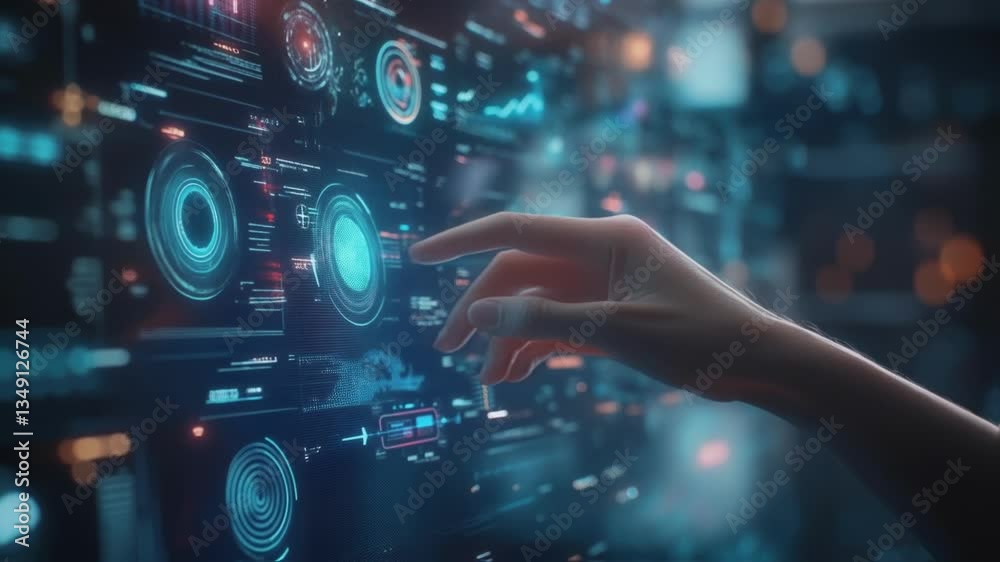 Aufkleber Hand touching digital screen, interacting with high tech user interface showing various data visualization and analytics charts in a dark technological environment
