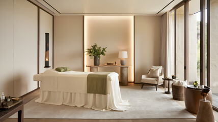 Serene spa treatment room featuring a massage table, soft lighting, and calming decor