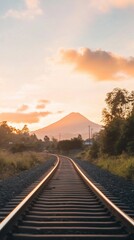 Obraz premium Sunset Train Tracks Leading to Volcano