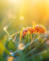 Red ant on the grass with morning dew, nature background.