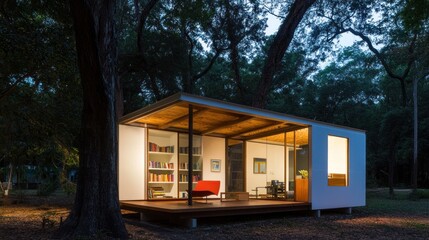 Modern tiny house at dusk in wooded area