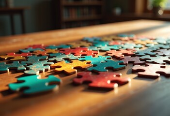 colorful puzzle pieces joined together rustic wooden table creating vibrant mosaic joy playfulness, rainbow, lgbtq, lgbt, pride, love, equality, gameplay