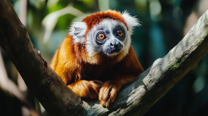 Naklejka premium Bright-eyed red lemur sitting on a tree branch in the jungle
