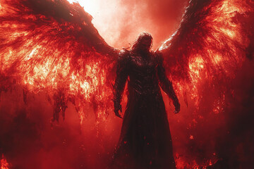 Demonic figure with wings surrounded by fiery red inferno showcasing a powerful dark and ominous atmosphere