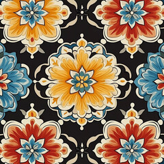 Seamless pattern of vibrant arabesque floral motifs in blue orange and yellow tones exuding elegance and cultural charm.