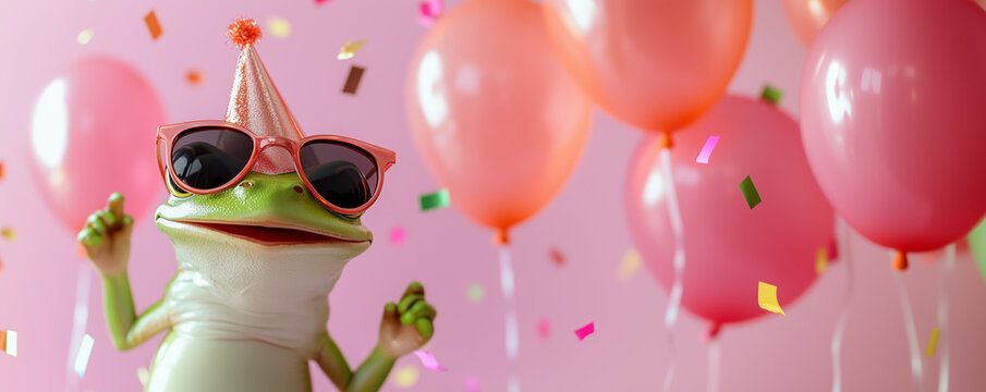 Funny frog wearing sunglasses holding happy birthday balloons and confetti explosion flying around greeting card on pink background with copy space.