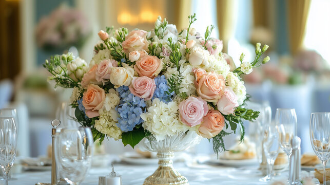 Elegant floral centerpiece with roses and hydrangeas in a luxurious dining setting