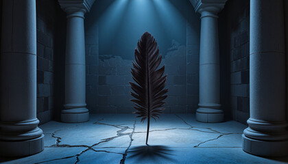 Raven feather centered on cracked marble floor with blue light reflections, World Goth Day