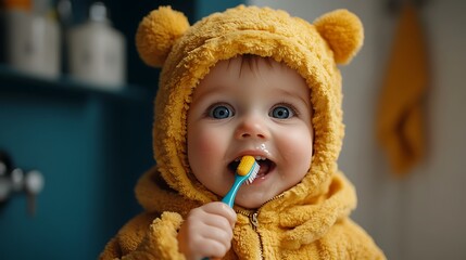 Adorable baby brushing teeth in hooded romper.