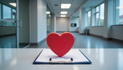 Red heart-shaped icon on clipboard in hospital hallway, celebrating International Nurses Day