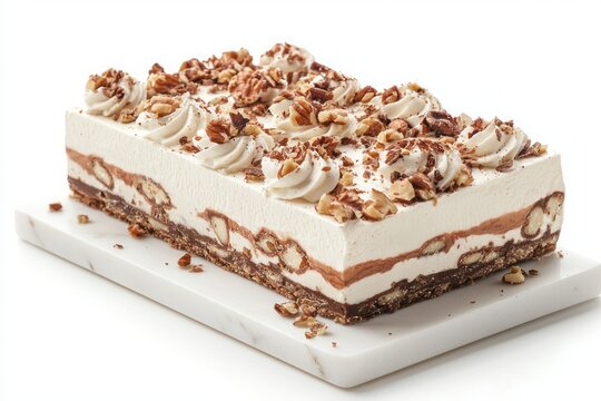 Delicious rectangle cake with rich cream and crunchy pecan pieces on a marble surface angle