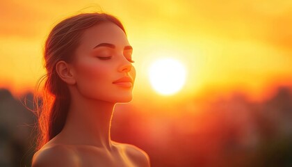 Golden Hour Serenity Tranquil Woman Embraces Sunset s Warmth, Capturing Peace Beauty.