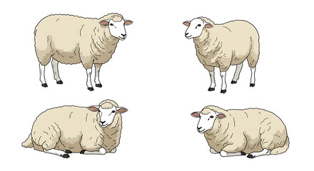 Fototapeta premium Four Sheep Poses Standing and Lying Down Illustration