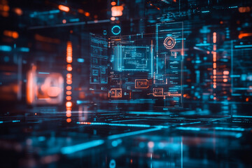 Naklejka premium Futuristic interface with glowing lines and data panels in a digital environment display system