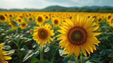 Fototapeta premium Chinese sunflower farm where AI powered farming equipment optimizes harvesting ensuring top quality sunflower oil production in one of Asias leading agricultural hubs
