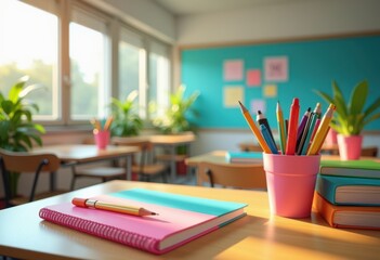 colorful stationery supplies vibrant classroom desk organization learning environment tools, notebook, pens, markers, eraser, sticky, notes, file