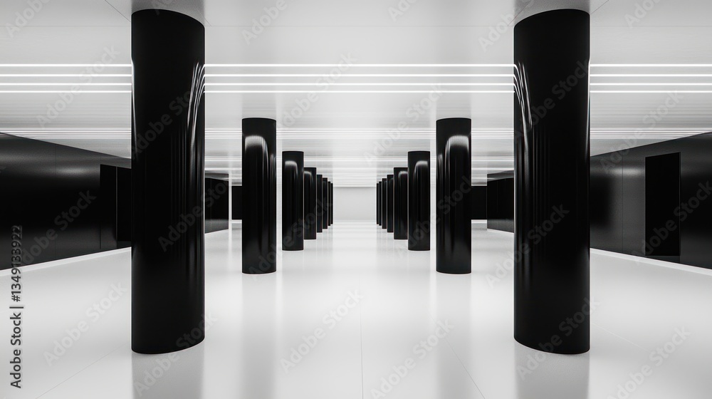 Aufkleber dark pillars of an abstract hallway perspective with sleek floor and light ceiling in monochrome mod