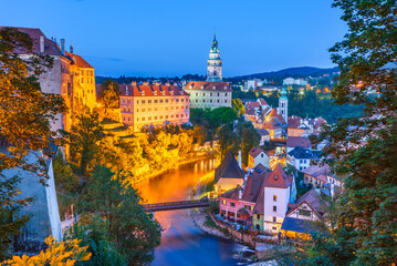 Cesky Krumlov, picturesque Czech town, night view over Vltava River in Bohemia.