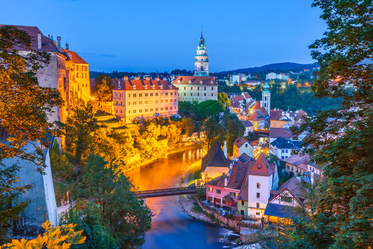 Cesky Krumlov, picturesque Czech town, night view over Vltava River in Bohemia.