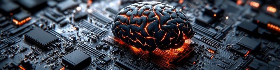 Artificial Intelligence Brain On Futuristic Circuit Board With Glowing Lights, Innovation Concept.