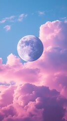 A dreamy moon against pastel clouds.