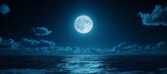 Luminous Blue Full Moon Over a Sea of Fluffy Clouds and Twinkling Stars, Tranquil Night Scene