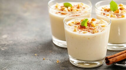 Creamy horchata beverage with cinnamon and nuts served in glass cups against a textured background