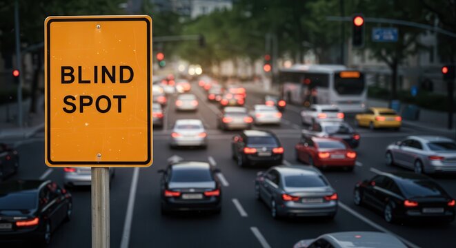 Blind Spot Sign Near Cars at Intersection with Traffic Light