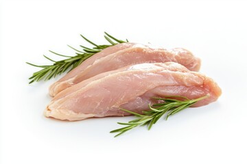 Fresh and Juicy chicken breasts with sprigs of rosemary on a white background viewed from low angle