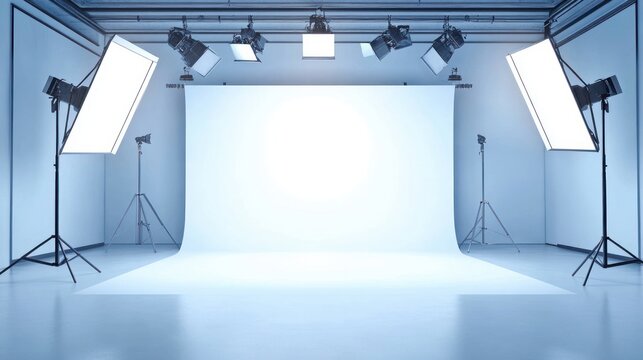Professional photo studio setup with lighting equipment seamless background and light blue ambiance ready shoot