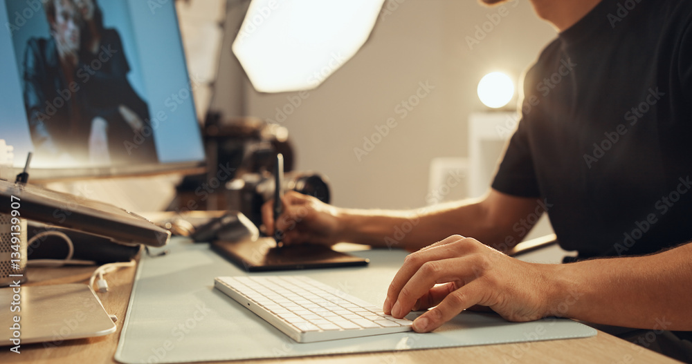 Poster hands, man and photography editor on computer for production on keyboard or graphic tablet. retouchi
