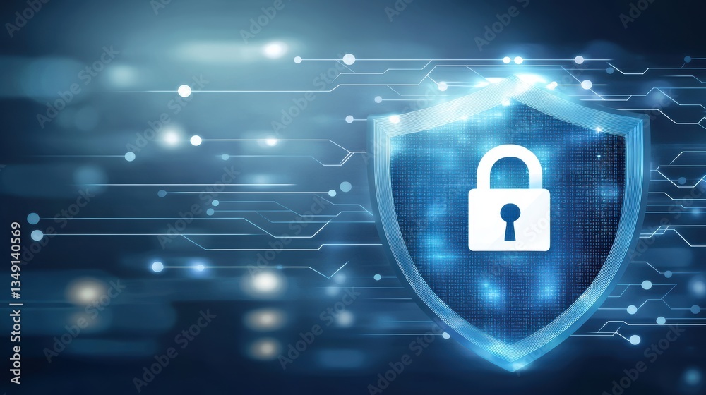 Wall mural digital cybersecurity protection concept with glowing shield padlock and futuristic data network bac