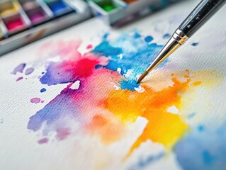 Obraz premium A vibrant watercolor painting in progress, showcasing a burst of colors like pink, blue, and orange, with a brush delicately applying paint on textured paper, surrounded by watercolor palettes