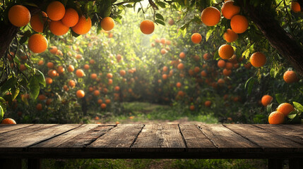 The background is an orange orchard with oranges hanging on the trees, and there is a wooden table in front of it. 