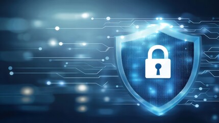 Digital cybersecurity protection concept with glowing shield padlock and futuristic data network background