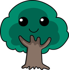 Happy Smiling Cartoon Tree with Green Leaves and Cute Face