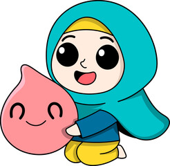Cute Muslim Girl Cartoon Holding a Smiling Blood Drop for Blood Donation Awareness