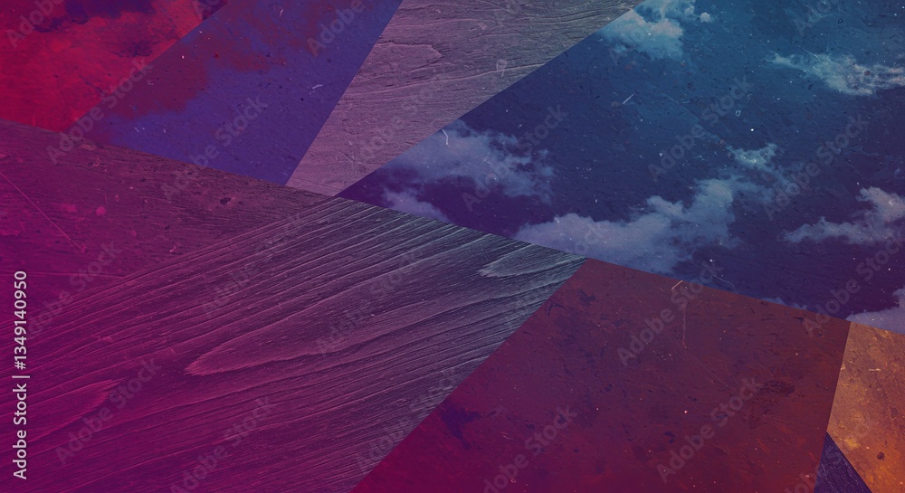 Poster a colorful abstract painting of a sky with clouds and a wood grain background